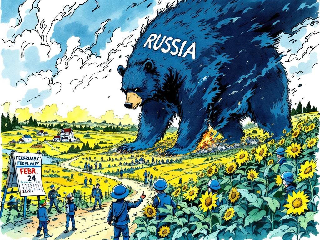 Russia the bear creature invading peaceful Ukrainian sunflower country, February 2022