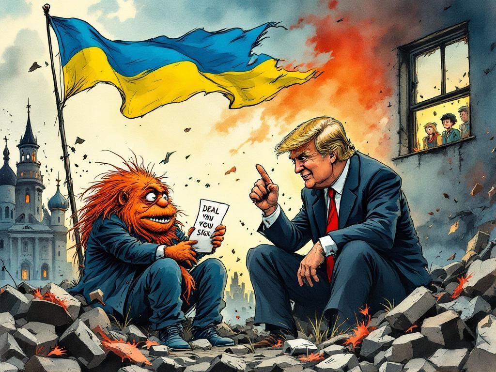 Trumpy-Wumpy brokering a deal between Pootin and a weeping Zelenskyy-Sky while NATO watches